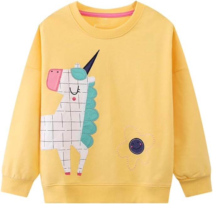 20% OFF Toddler Girl Sweatshirt Crewneck Pullover Cotton Kids Fall Outfits Yellow Unicorn Print 2-7T